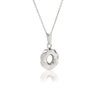 Side view of Cruller Intentions pendant necklace, tarnish-resistant 925 silver fine jewellery, softly spiralling cruller-inspired form, polished finish, sterling silver cable chain, Midnight Coast.