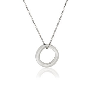 Front view of Eclipse pendant necklace, tarnish-resistant 925 silver fine jewellery, Mobius-inspired circular form, square profile twist, polished finish, sterling silver cable chain, Midnight Coast.