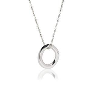 Side view of Eclipse pendant necklace, tarnish-resistant 925 silver fine jewellery, Mobius-inspired circular form, square profile twist, polished finish, sterling silver cable chain, Midnight Coast.
