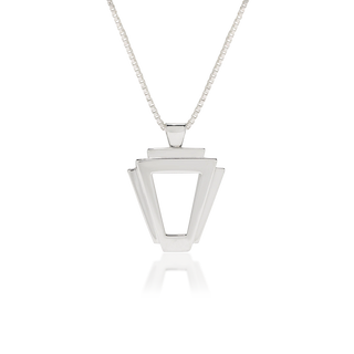 Front view of Empire pendant necklace, tarnish-resistant 925 silver fine jewellery, Art Deco ziggurat silhouette, central cutout, stepped tapered edges, sterling silver box chain, Midnight Coast.