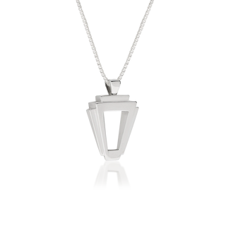Side view of Empire pendant necklace, tarnish-resistant 925 silver fine jewellery, Art Deco ziggurat silhouette, central cutout, stepped tapered edges, sterling silver box chain, Midnight Coast.