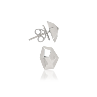 Front and side views of Hex stud earrings, tarnish-resistant 925 silver fine jewellery, faceted hexagon shape, concave curved faces, butterfly backs, Midnight Coast.