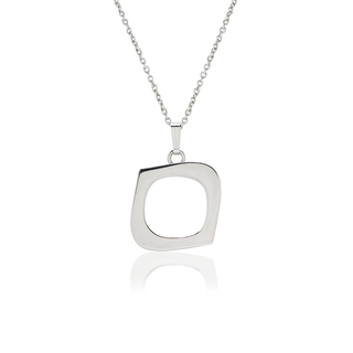 Front view of Looking Glass pendant necklace, tarnish-resistant 925 silver fine jewellery, rounded square frame, tapered corners, rounded cutout centre, polished finish, sterling silver cable chain, Midnight Coast. 