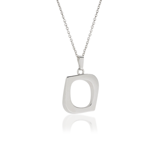Side view of Looking Glass pendant necklace, tarnish-resistant 925 silver fine jewellery, rounded square frame, tapered corners, rounded cutout centre, polished finish, sterling silver cable chain, Midnight Coast.