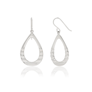 Front view of Mirage Teardrop earrings, tarnish-resistant 925 silver fine jewellery, open teardrop silhouette, deeply rippled surface, sterling silver hook fittings, Midnight Coast.
