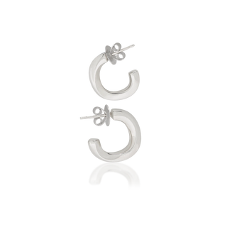 Mobi hoop earrings, tarnish-resistant 925 silver fine jewellery, Mobius strip-inspired square profile, butterfly backs, Midnight Coast.