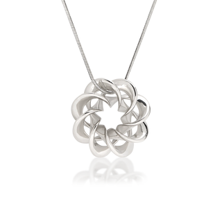 Front view of Orbital Torus Knot pendant necklace, silver-palladium alloy fine jewellery, looping torus knot form, polished finish, sterling silver snake chain, Midnight Coast.