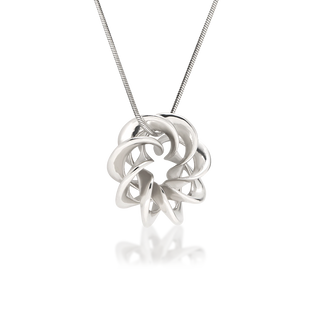 Side view of Orbital Torus Knot pendant necklace, silver-palladium alloy fine jewellery, looping torus knot form, polished finish, sterling silver snake chain, Midnight Coast.