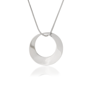 Front view of Reverie pendant necklace, tarnish-resistant 925 silver fine jewellery, Mobius strip circular form, broad polished surface, sterling silver snake chain, Midnight Coast.