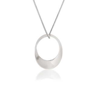 Side view of Reverie pendant necklace, tarnish-resistant 925 silver fine jewellery, Mobius strip circular form, broad polished surface, sterling silver snake chain, Midnight Coast.