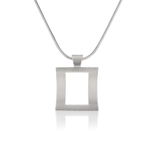 Front view of Satin Edge pendant necklace, tarnish-resistant 925 silver fine jewellery, concave rectangle with rectangular cutout, velvety satin finish, sterling silver snake chain, Midnight Coast.