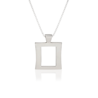 Front view of Silk Edge pendant necklace, tarnish-resistant 925 silver fine jewellery, concave rectangle with rectangular cutout, smooth polished finish, sterling silver box chain, Midnight Coast.