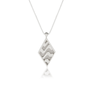Front view of Venice pendant necklace, tarnish-resistant 925 silver fine jewellery, Art Deco diamond shaped frame, layered undulating waves, recessed matte-finished backing, sterling silver box chain, Midnight Coast.