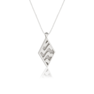 Side view of Venice pendant necklace, tarnish-resistant 925 silver fine jewellery, Art Deco diamond shaped frame, layered undulating waves, recessed matte-finished backing, sterling silver box chain, Midnight Coast.