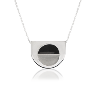 Front view of wedge-shaped Venus Arc pendant necklace, tarnish-resistant 925 silver fine jewellery, stylised open-shell motif, contrasting satin and polished finishes, sterling silver box chain, Midnight Coast.